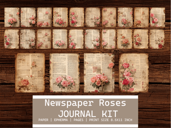 Download Newspaper Roses Junk Journal Pages Kit - Roses junk journal pages Collection